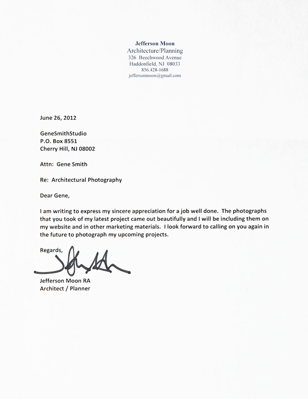 Testimonial letter from Architect Jeff Moon